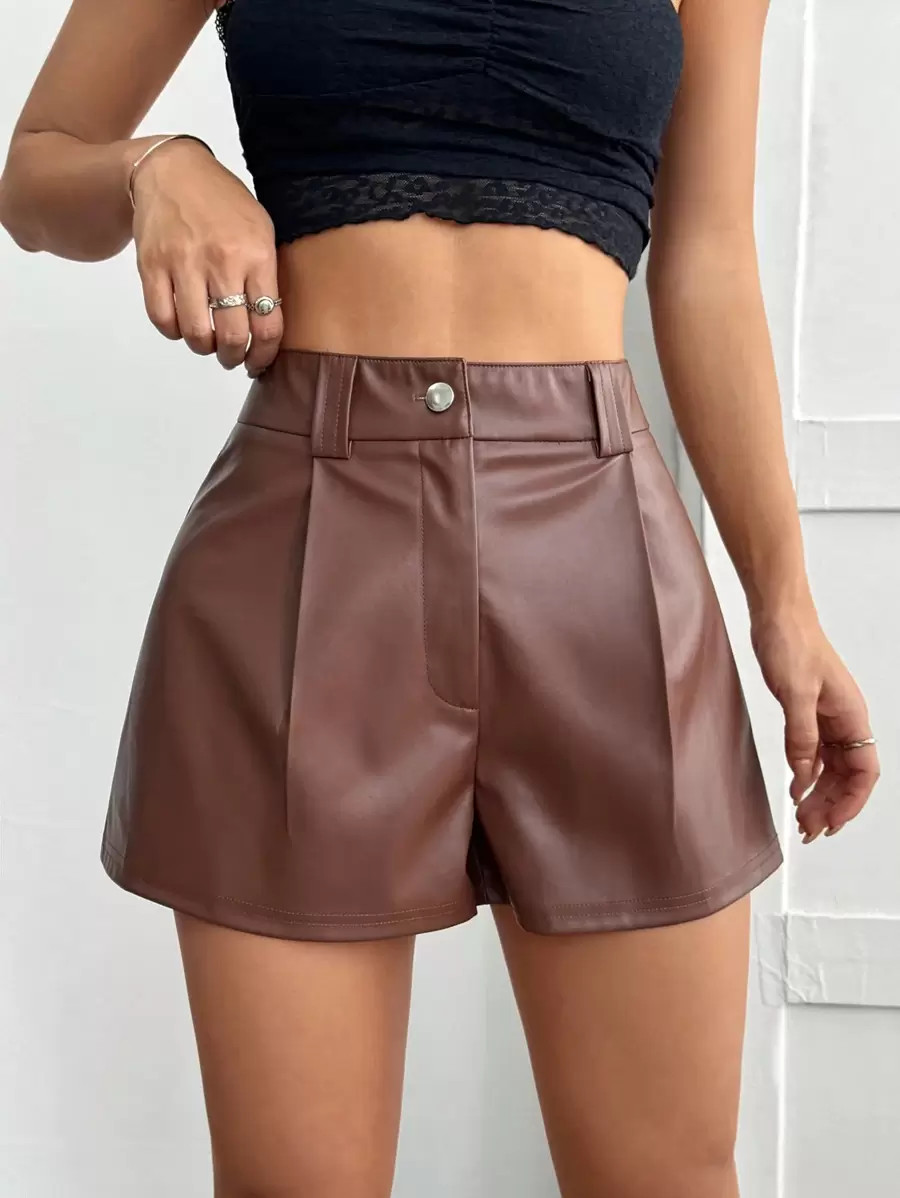 SHEIN EZwear High Waist PU Black Shorts Simple Fashion Daily Casual | SHEIN