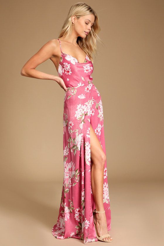 Love of Romance Pink Floral Print Satin Cowl Neck Maxi Dress | Lulus (US)