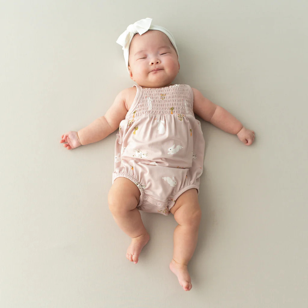 Smocked Bubble Romper in Blush Rabbit | Kyte BABY