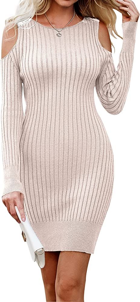 MASCOMODA Women Stylish Cold Shoulder Bodycon Sweater Dress Long Sleeve Crewneck Ribbed Stretchy ... | Amazon (US)