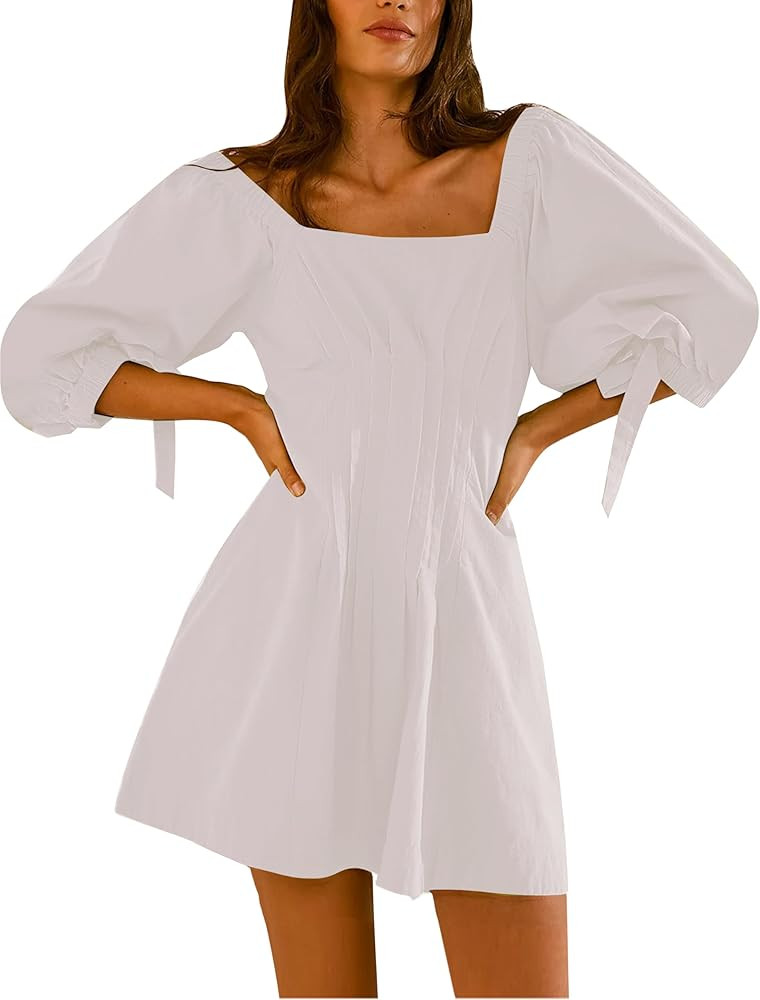 Women's Summer Puff Sleeve Mini Dress Pleated Off Shoulder Sundress with Pockets | Amazon (US)