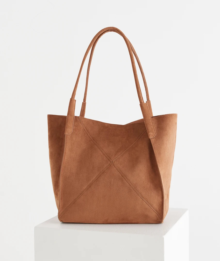 Faux Suede Panel Tote Bag - Tan | Sussan