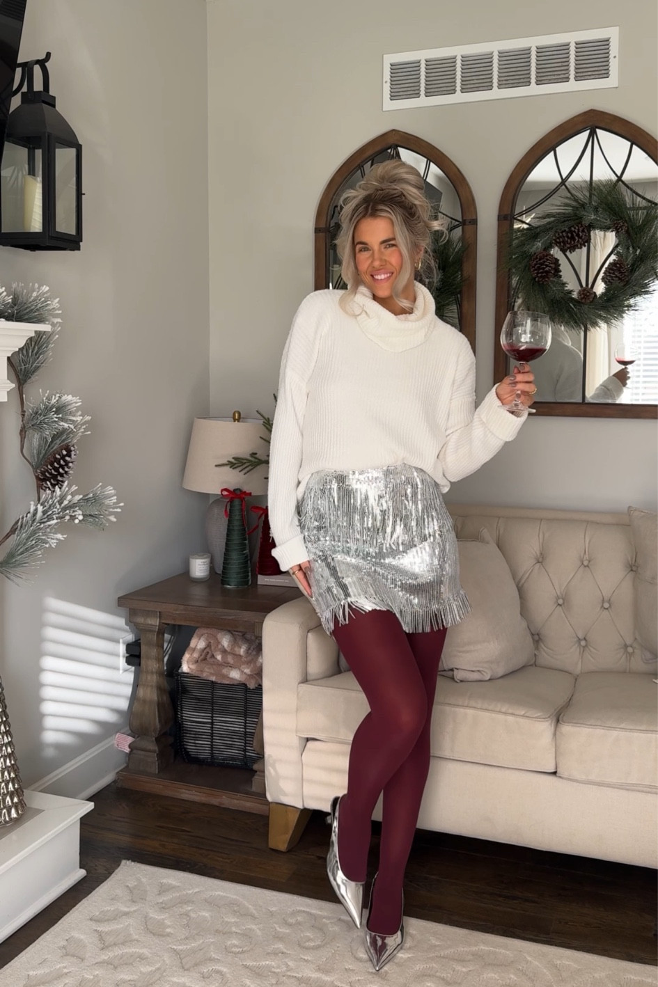 size small/4 in sequin skirt, sized up to a large in tights for length , large in sweater 

nye 
new year’s eve 
holiday party 
sequin 
burgundy  tights 

#LTKStyleTip #LTKHoliday #LTKParties