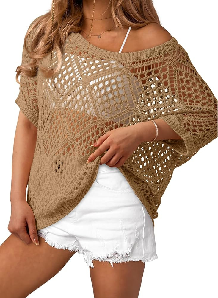 Dokotoo Women's Crochet Cover Up Tops Summer Short Sleeve Off Shoulder Sweater Shirts Beach Swims... | Amazon (US)