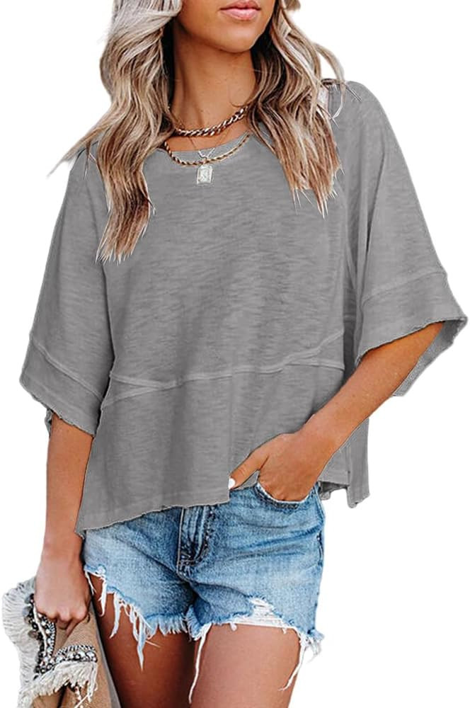 Women's Summer Casual Crewneck Batwing Half Sleeve T-Shirts Solid Color Loose Fit Cute Basic Flow... | Amazon (US)
