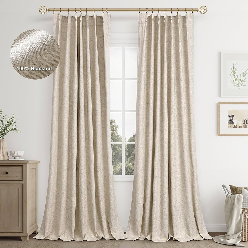 Joywell Linen Full Blackout Curtains 102 Inches Long,Pinch Pleated Back Tab Drapes with Hooks Lig... | Amazon (US)