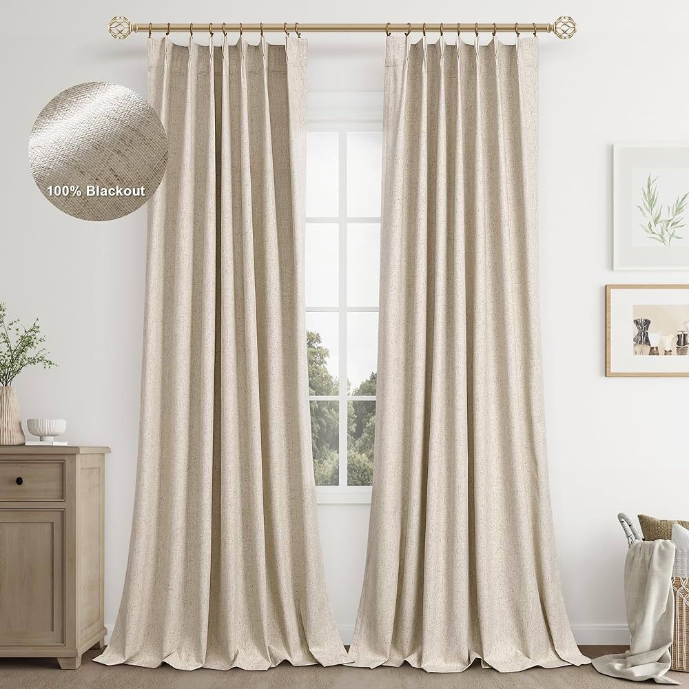 Joywell Linen Full Blackout Curtains 102 Inches Long,Pinch Pleated Back Tab Drapes with Hooks Lig... | Amazon (US)