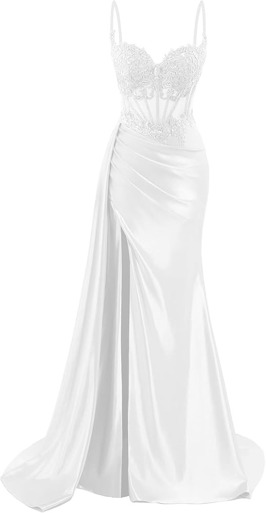 Spaghetti Strap Satin Prom Dresses Long Mermaid Lace Formal Gowns Corset Evening Party Dresses wi... | Amazon (US)