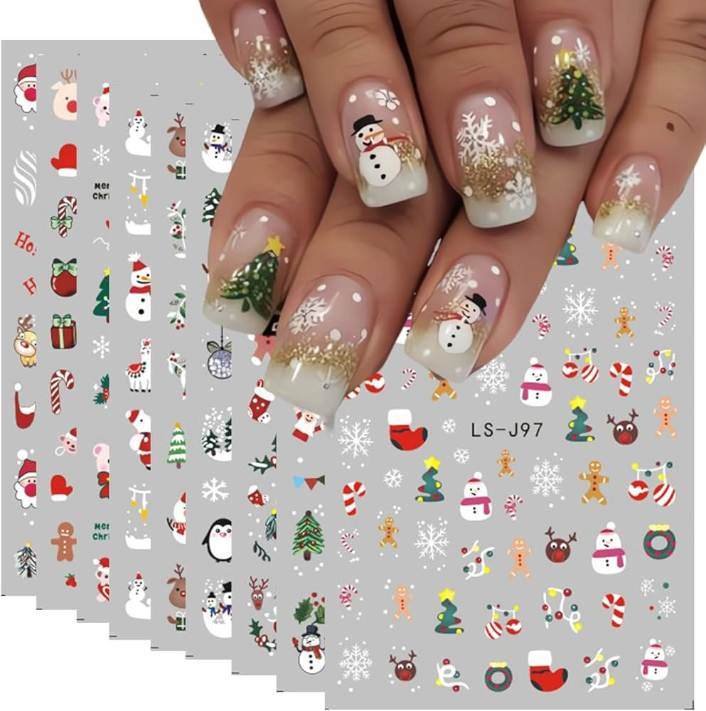 9 Sheets Christmas Nail Art Stickers 3D Christmas Nail Decals with Santa Claus Snowflake Elk Deer... | Amazon (US)