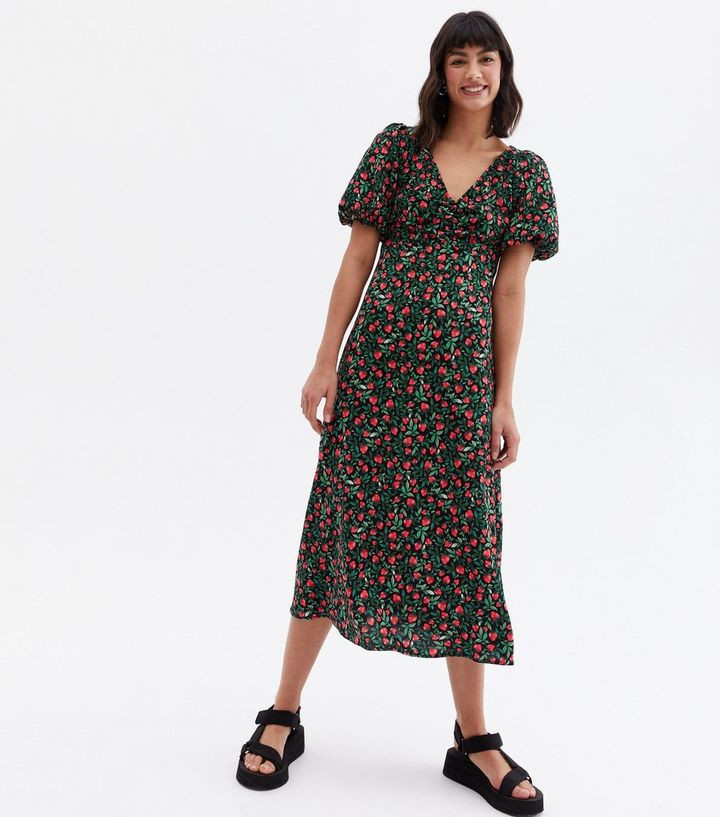 Black Strawberry Ruched Tie Back Puff Sleeve Midi Dress
						
						Add to Saved Items
						Rem... | New Look (UK)