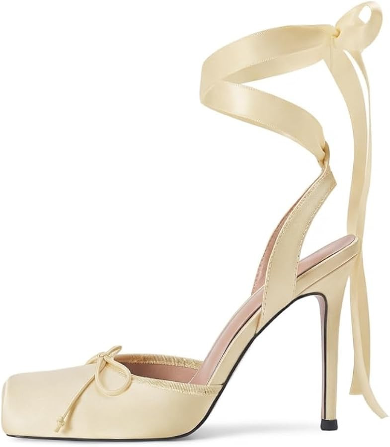 Vertundy Women's Satin Ballet Heels Lace Up Square Toe Stiletto High Bow Ballerina Heels | Amazon (US)