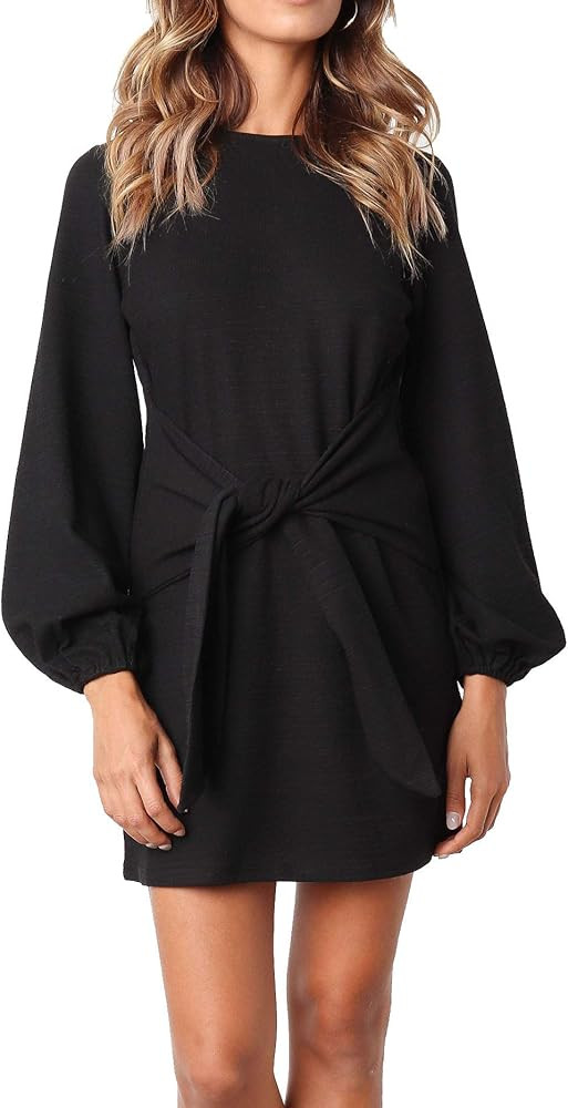 Women's Autumn Winter Cotton Long Sleeves Elegant Knitted Bodycon Tie Waist Sweater Pencil Dress | Amazon (US)