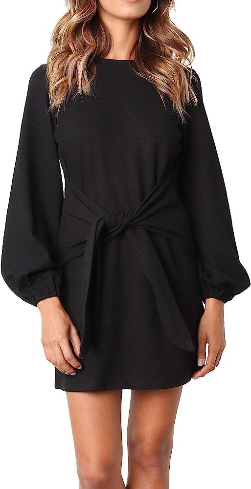 Women's Autumn Winter Cotton Long Sleeves Elegant Knitted Bodycon Tie Waist Sweater Pencil Dress | Amazon (US)