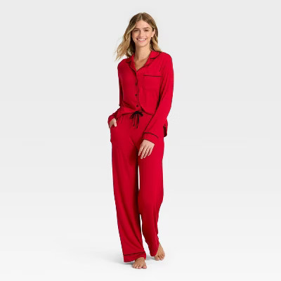 Women's Cloud Knit Modal Long Sleeve Notch Collar Top and Pants Pajama Set - Auden™ Red XL | Target