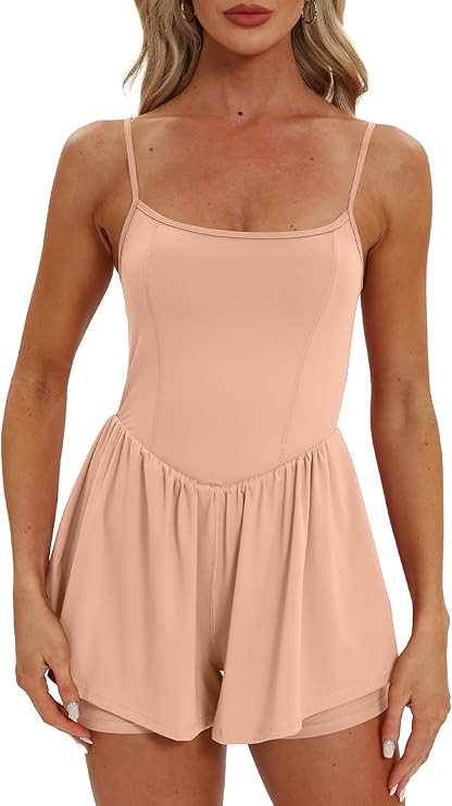 Beaully Women's Summer Sleeveless Athletic Rompers Spaghetti Strap Double Lined Shorts Jumpsuit O... | Amazon (US)