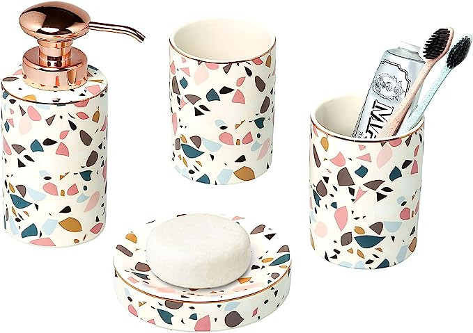 MyGift Modern Ceramic Bathroom Accessories Set with Terrazzo Design, 3 Piece Complete Accessory S... | Amazon (US)