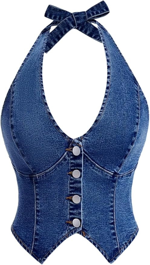 Milumia Women's Denim Halter Top Tie Backless Button Front Slim Fit Vests | Amazon (US)