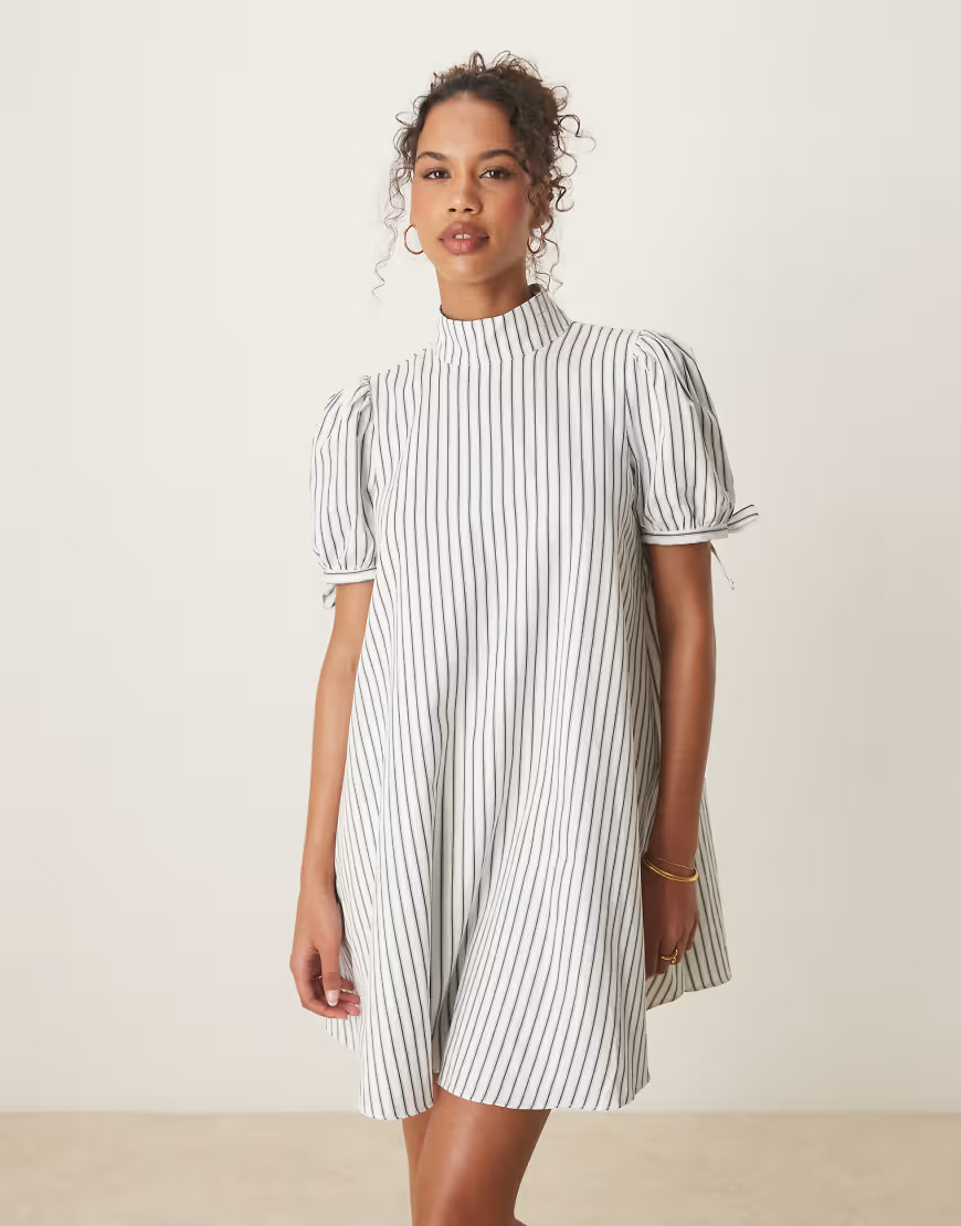 Glamorous high neck mini smock dress in white and black stripe | ASOS (Global)