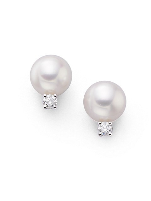 7MM White Cultured Akoya Pearl, Diamond & 18K White Gold Earrings | Saks Fifth Avenue