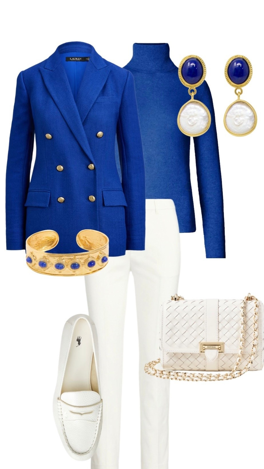 

Double Breasted Linen / Cotton Blue Jacket available in regular, plus and petite, White Stretch Cotton Trousers (NEW IN) & White Leather Loafers - Ralph Lauren (loafers were on sale but disappeared so added lovely new slides, heels and sneakers)

Cashmere Rollneck Sweater - The House of Bruar

Lottie Bag in Woven Chalk White Leather - Aspinal of London

Astor Lapis & Gold Cuff - Soru Jewellery

Roma Lapis, Pearl & Gold Drop Earrings - Vintouch from Wolf & Badger


#LTKluxury #LTKstyletip #LTKeurope