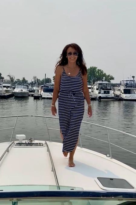 The drawstring waist maxi dress in navy stripe. So versatile. Wear as a dress or swimsuit coverup!
Wearing size small. 
kimbentley, summer outfit, boat outfit, vacation resort wear

#LTKtravel #LTKfindsunder50 #LTKswim