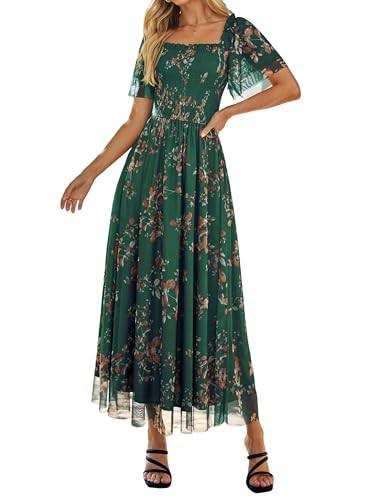Simplee Womens Floral Maxi Dresses 2026 Summer Square Neck Mesh Short Sleeve Smocked Boho Flowy W... | Amazon (US)