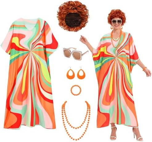6PCS Women Costume Set with Short Curly Orange Wig Print Caftan Dress Jewelry Sunglasses for Cosp... | Amazon (US)