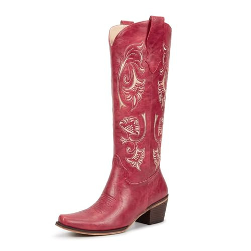 WETKISS Red Cowboy Boots for Women Cowgirl Boots Floral Embroidered Western Knee High Boot with Side Zipper and Chunky Heel, Easily Handle Leisure, Music Festivals, Shopping, And Western Style Parties | Amazon (US)