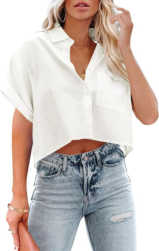Tankaneo Womens Button Down Cropped Shirts Long Sleeve Casual Crop Tops Solid Lapel Blouse Shirt ... | Amazon (US)