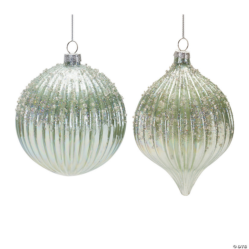 Sage Beaded Irredescent Ornament (Set Of 6) 3.75"H, 5.5"H Glass | Oriental Trading Company