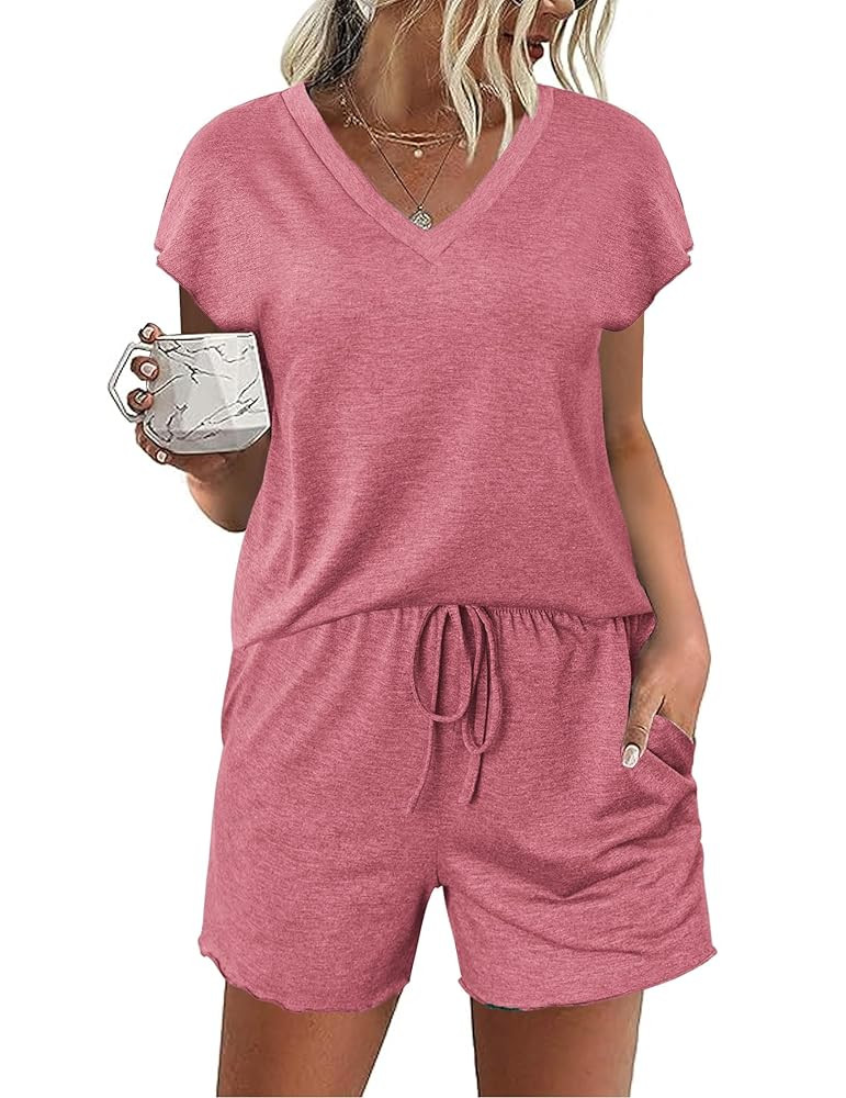 Ekouaer Women's Pajamas Short Sleeve Summer Pj Set V Neck 2 Piece Loungewear Sleepwear S-XXL | Amazon (US)