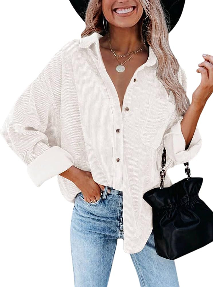 Theenkoln Womens Shirts Long Sleeve Button Down Casual Solid Color Ribbed Corduroy Jacket Blouse ... | Amazon (US)