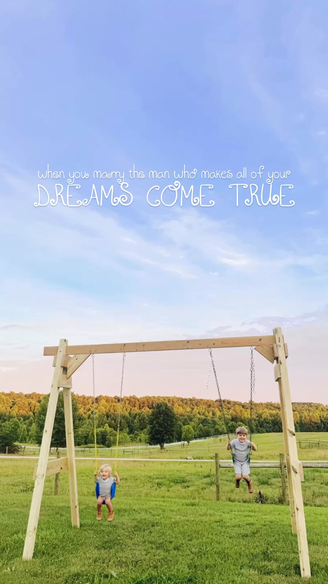 This man truly brings all of my dreams 💭 to life 🪴🌾 - like this swingset 🪵 in front of the barn 🐴 overlooking the pastures 🌳 that he built 🛠️ for us 🫶🏽 - and there is nothing better than the gift 🎁 of getting to raise our sweet country babies 👶🏼 out on our farm sweet farm together and letting them swing into the sunset!! 🌅🚜🧺🌻 #lovethisman #farm #dreamcometrue #swingsetbythebarn #lifeonthefarm