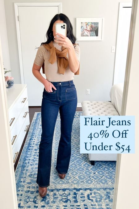 Flare jeans on sale for 40% off making them under $54! This dark shade and high-waist makes them super flattering. The fit is great, very TTS (I’m wearing a 26) and the fabric is soft, stretchy, and comfy. Also linking some kick flare crop jeans, straight jeans, and Demi-boot jeans that I bought and I really like, all fit TTS. Pair with a turtleneck, blouse, sweater, or nice top for a fall outfit. 

Fall fashion, jeans, mom style, date night, ootd, preppy, classic, Loft, sale #sale #loft #momstyle #classic #jeans 

#LTKfindsunder100 #LTKSeasonal #LTKsalealert