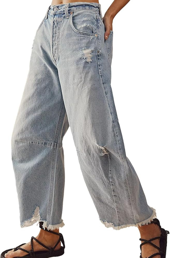 Womens Casual Balloon Pants Wide Leg Mid Waist Cropped Denim Pants Y2k Loose Barrel Baggy Jeans w... | Amazon (US)
