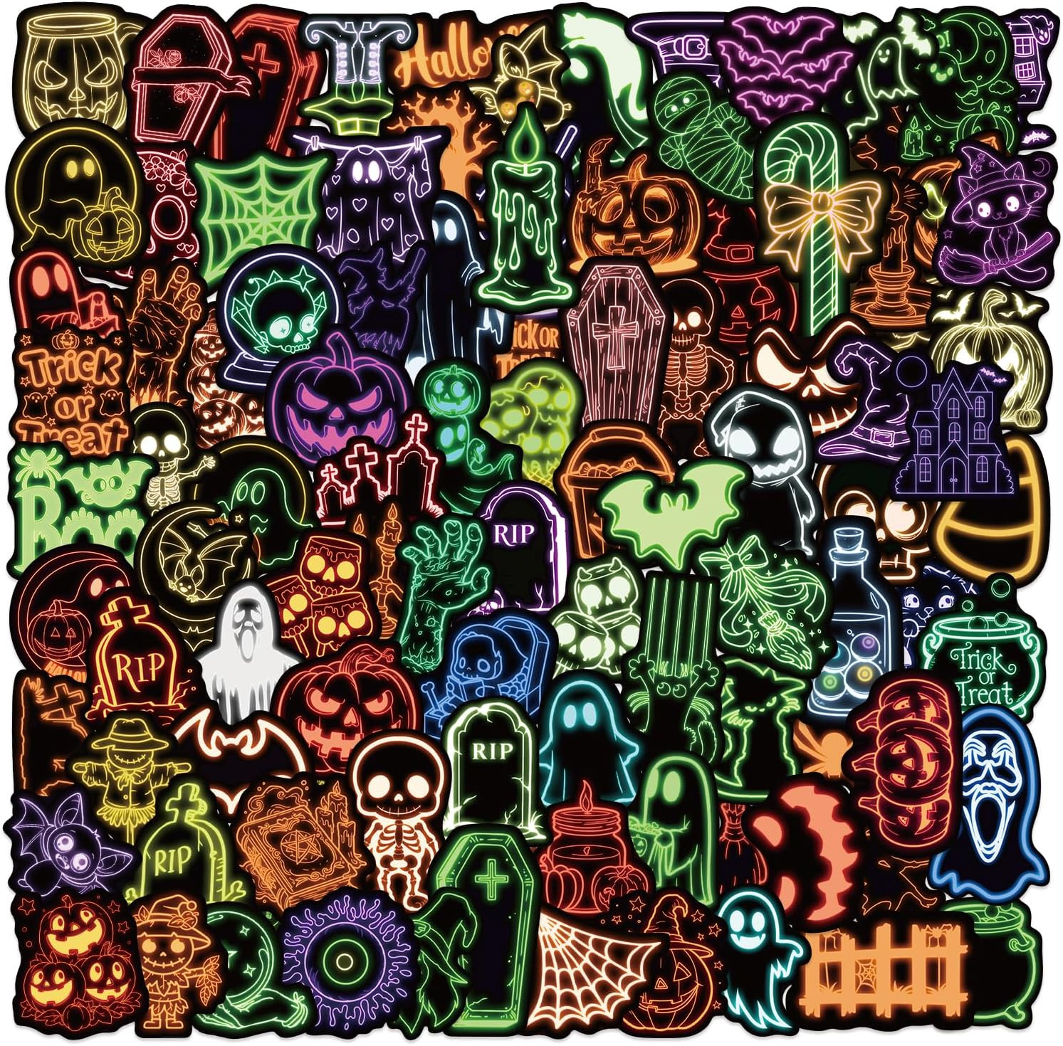 100PCS Neon Spooky Stickers - Waterproof Vinyl Decals for Water Bottles & Laptops, Trick or Treat Stickers Classroom Prizes & Party Favors | Amazon (US)
