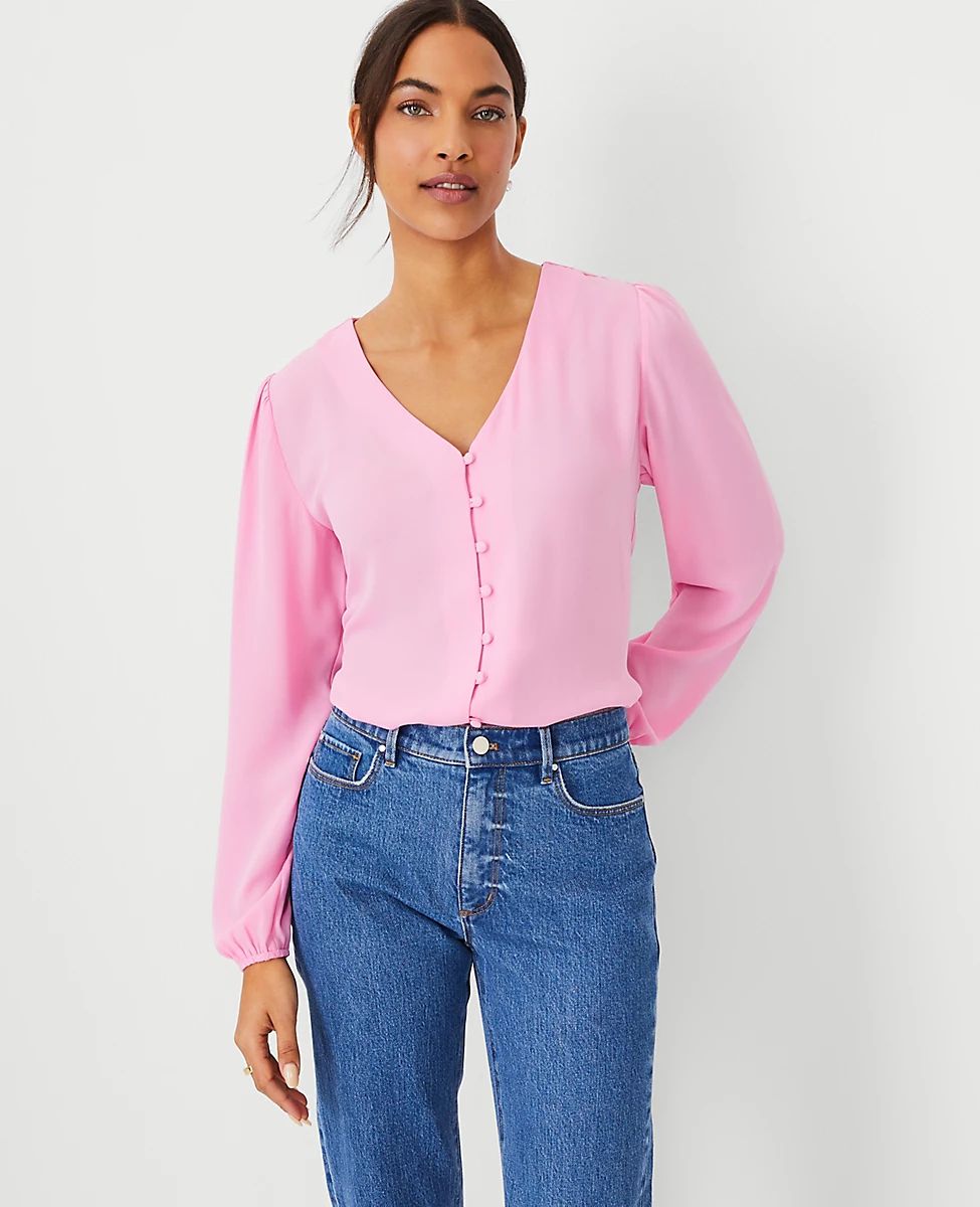 Mixed Media V-Neck Button Top | Ann Taylor (US)