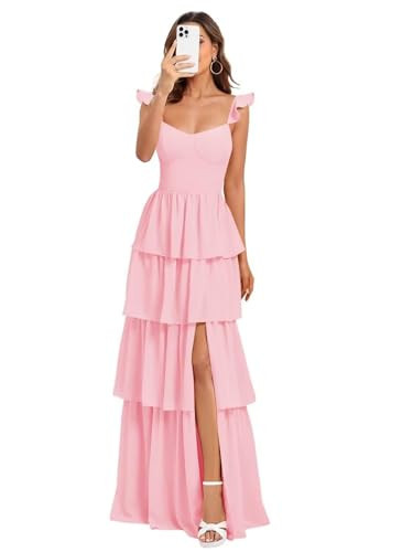 Gricharim Pink Tiered Ruffles Bridesmaid Dresses 2026 for Women Chiffon Formal Evening Dresses with Slit Size 8 | Amazon (US)