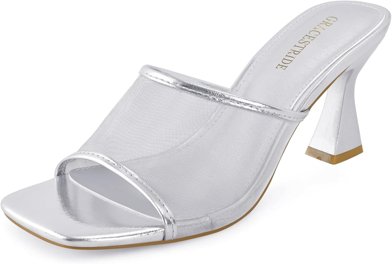 Women's Mule Heels Chunky Kitten Heeled Sandals Mesh Slip On Square Toe Comfortable Casual Dress ... | Amazon (US)