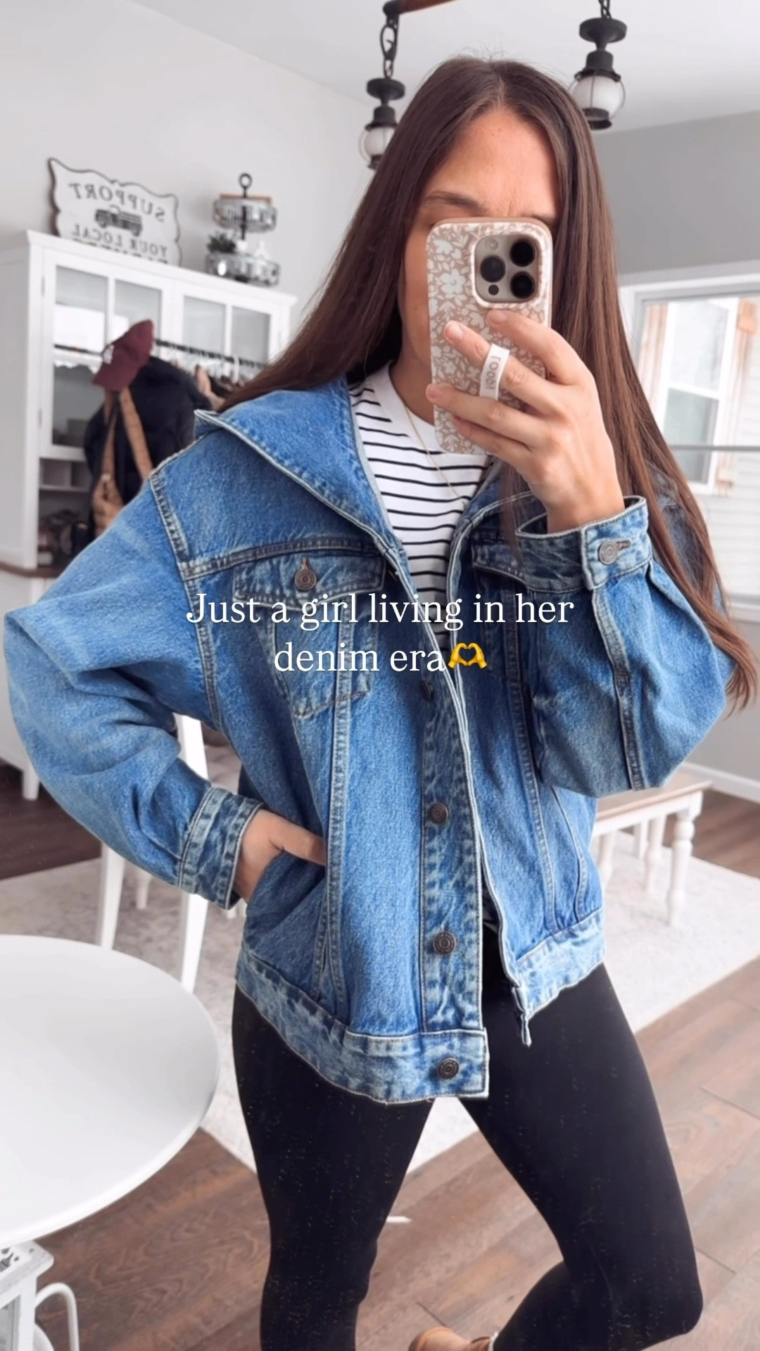 Living in my denim era! Love this hooded jacket from Target! Wearing the XS. Perfect amount of oversize. Leggings small short, socks Amazon, Uggs tts, striped tee XS 

#LTKStyleTip #LTKFindsUnder50 #LTKPetite