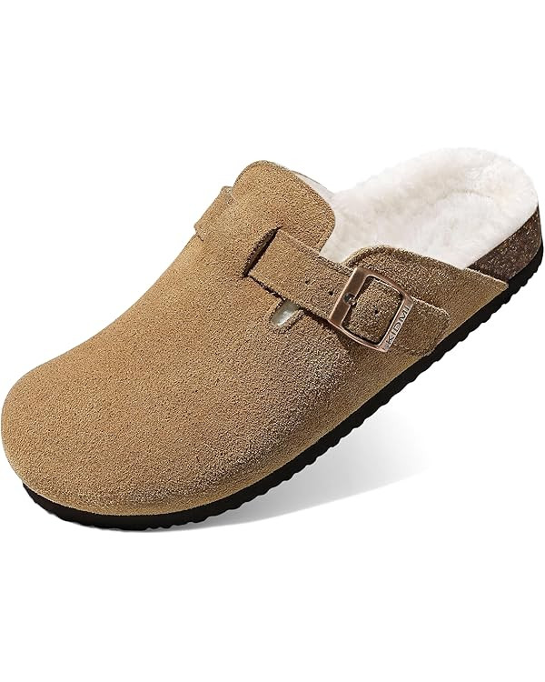 KIDMI Women's Fur Lined Suede Clogs Fuzzy Cork Footbed Mules Slip On Winter Potato Shoes | Amazon (US)