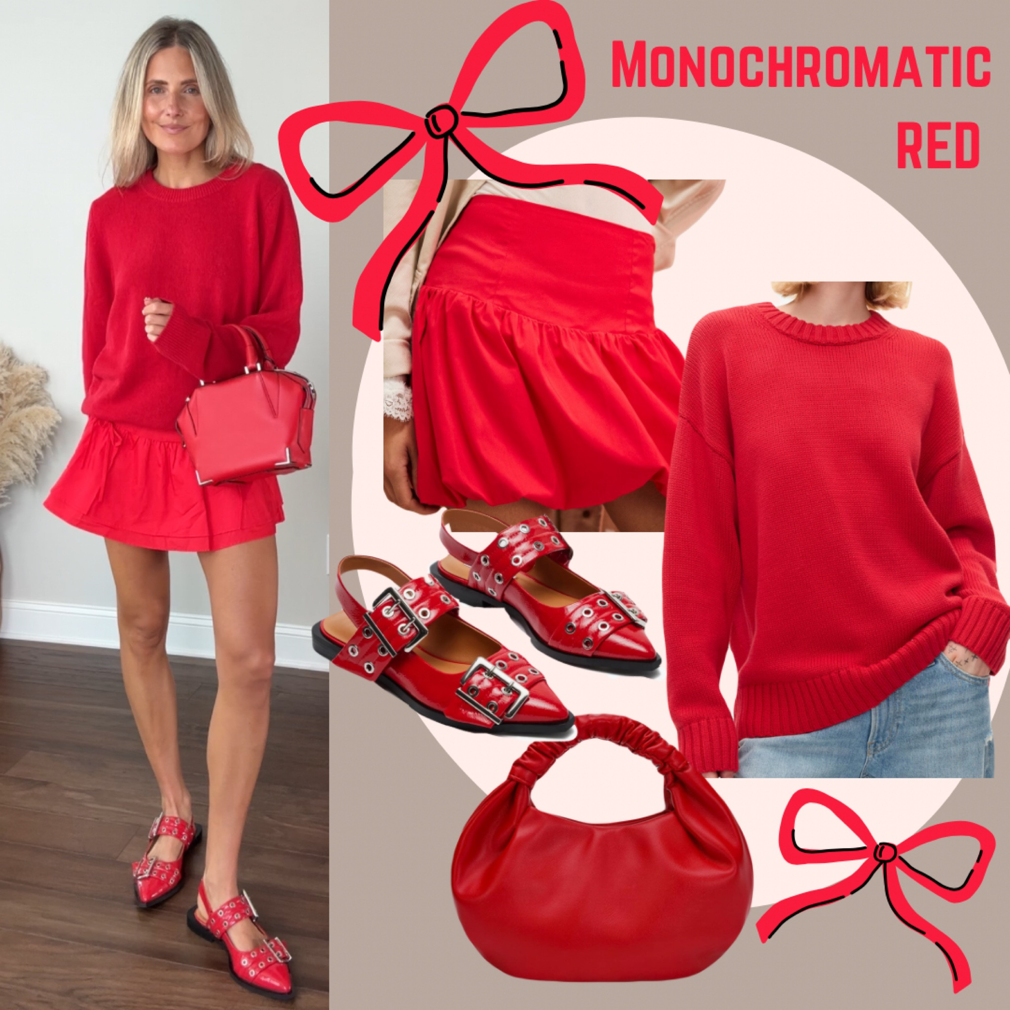 How to wear monochromatic red! Mini skirt, slouchy cozy sweater, red on red, mini bag, ballet buckle flats, coquette inspired bow details, bubble skirt. Holiday outfit.


#LTKFindsUnder50 #LTKStyleTip #LTKHoliday