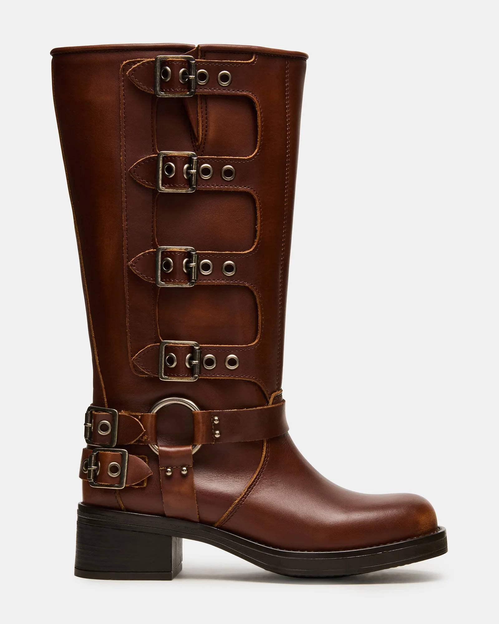 ROCKY Cognac Distressed Wide Calf Knee-High Moto Women's Boot | Steve Madden (US)