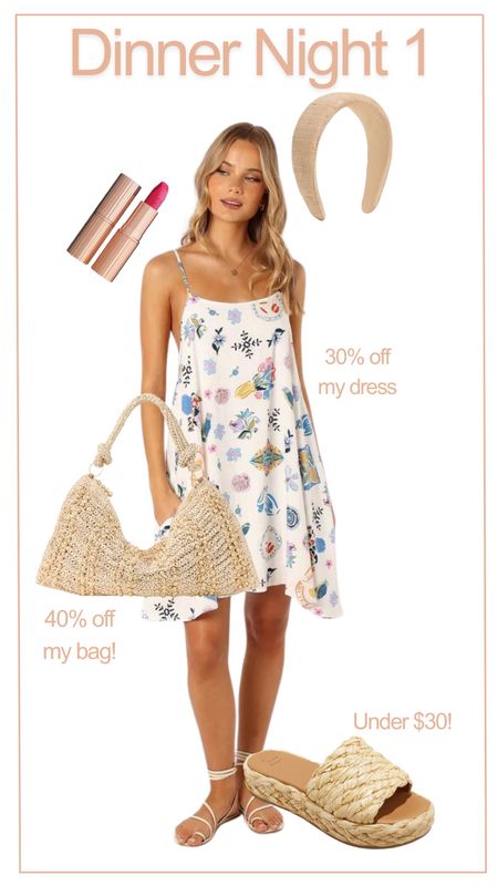 My look from our first night on vacation! This dress is 30% off and my bag is 40% off! Huge discount! The print of my dress is available in many different style options too! 

#LTKFindsUnder100 #LTKItBag #LTKSaleAlert