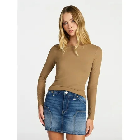 No Boundaries Crew Ribbed Tee with Long Sleeves Women s XXS-XXL | Walmart (US)