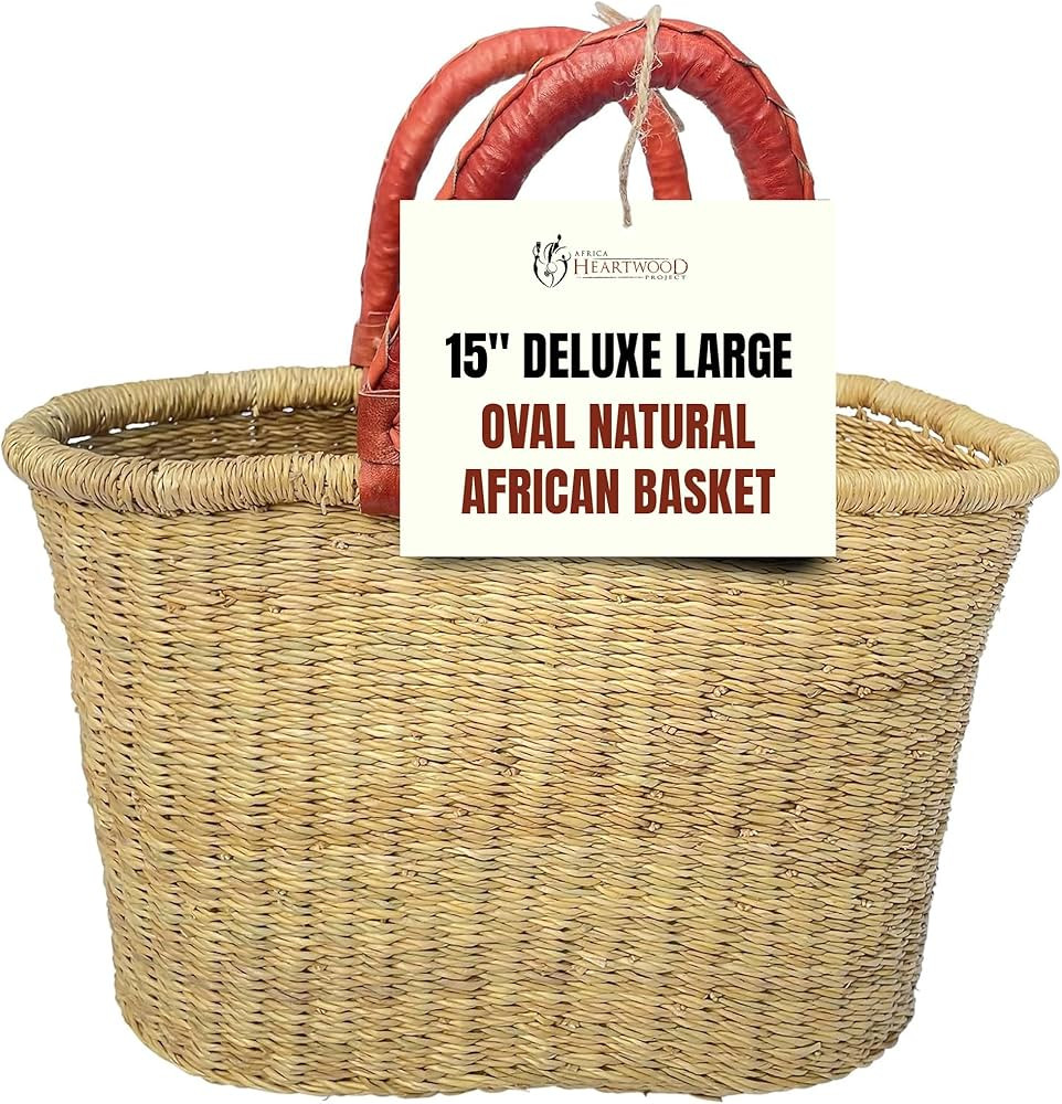 Africa Heartwood Project - Deluxe Large Oval Natural African Basket with Leather Handle - Classic... | Amazon (US)