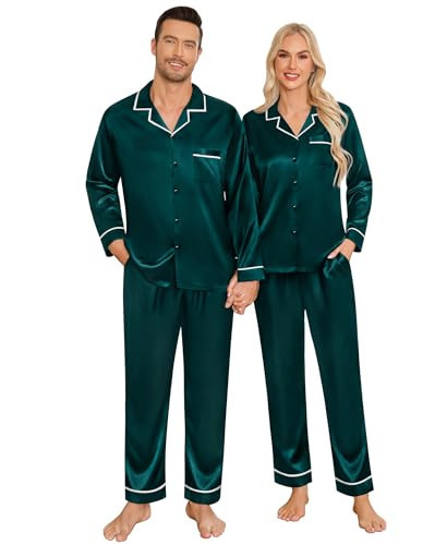 SWOMOG Couples Matching Pajamas Set Men Women Silk Satin Long Sleeve Button Down Sleepwear Loungewear with Pants Family Pjs Dark Green | Amazon (US)