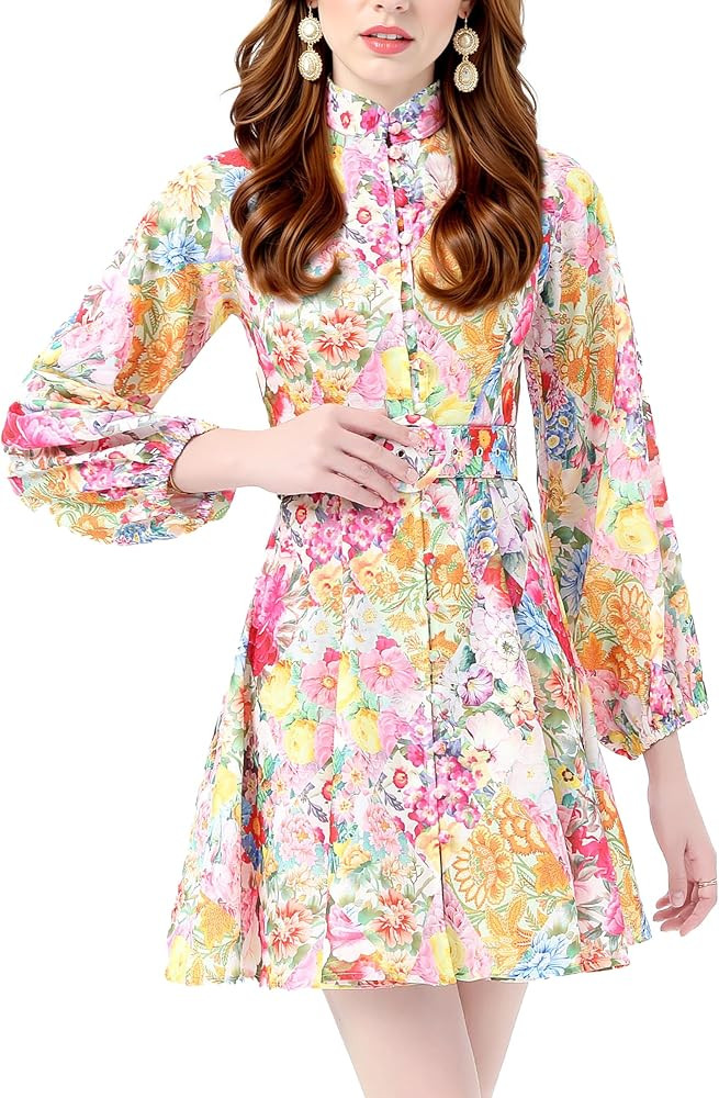LAI MENG FIVE CATS Women's Lantern Sleeve Floral Print Button up Casual A-line Mini Dress | Amazon (US)