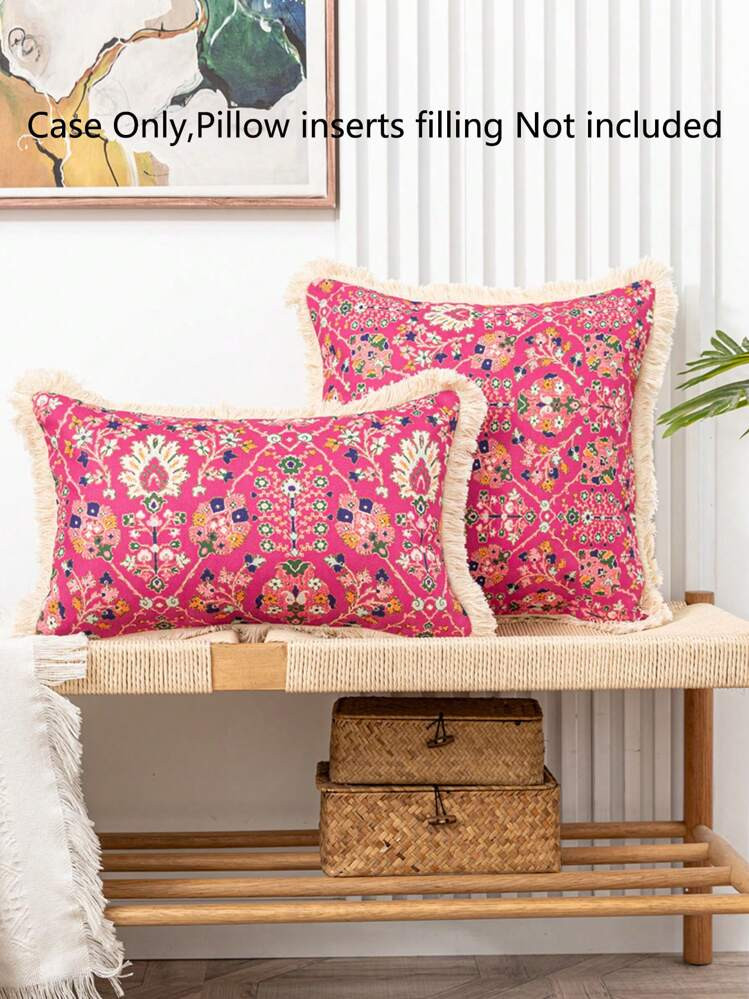 1pc Retro Linen Style Floral Print Pillowcase With Tassel Trim, Home Decor Cushion Cover For Sofa... | SHEIN