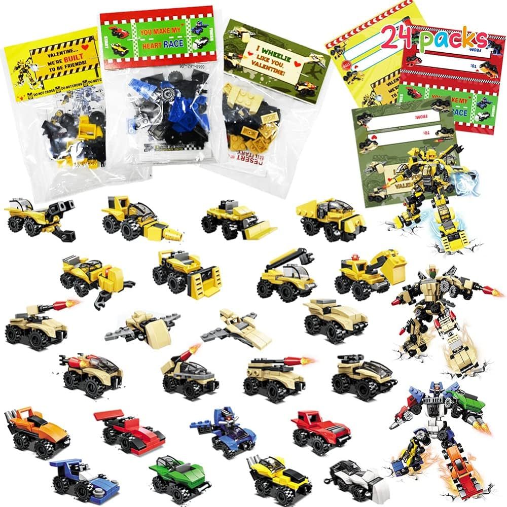 WODMAZ 24 Packs Valentines Day Cards with Vehicles Robots Building Blocks for Kids Valentines Day... | Amazon (US)